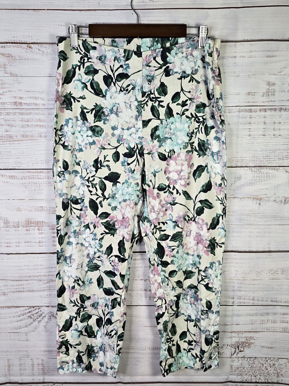 J.Jill Linen Stretch Floral Ankle Pants M Petite Cream Green Pink